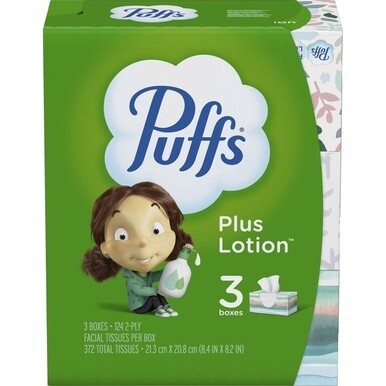 Puffs Plus Lotion Facial Tissue - 2 Ply8.40&quot; - White - Soft - For Nose, Skin - 124 Per Box - 3 / Pack