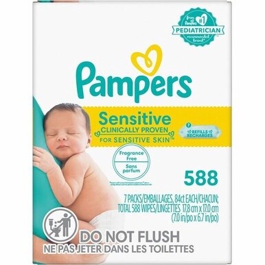 Pampers Baby Wipes Sensitive - White - Hypoallergenic, Soft, pH Balanced, Thick, Strong, Textured, Phenoxyethanol-free, Paraben-free, Alcohol-free - For Skin - 588 / Box