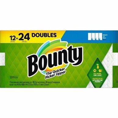 Bounty Select-A-Size Paper Towels - 12 Double Roll = 24 Regular - 2 Ply - 90 Sheets/Roll - White - Perforated, Absorbent, Durable, Thick, Quilted - For Kitchen - 12 / Carton