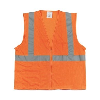 ANSI Class 2 Two-Pocket Zipper Mesh Safety Vest, Polyester Mesh, Large, Orange