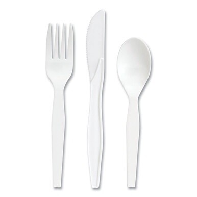 Mediumweight Plastic Cutlery, Fork/Knife/Teaspoon, White, 100 Sets/Pack