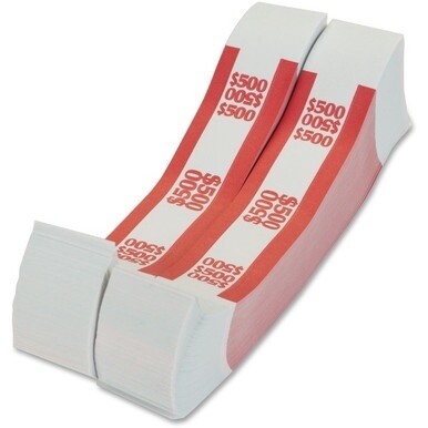 PAP-R Currency Straps - 1.25&quot; Width - Total $500 in $5 Denomination - Self-sealing, Self-adhesive, Durable - 20 lb Basis Weight - Kraft - White, Red - 1000 / Box