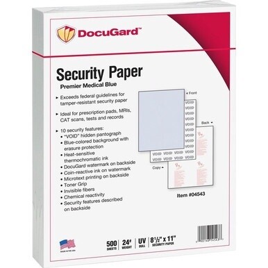 GSA MAS DocuGard Premier Security Paper for Printing Prescriptions &amp; Preventing Fraud, 10 Features - Letter - 8 1/2" x 11" - 24 lb Basis Weight - 500 / Ream - Tamper Resistant, Watermarked, Chemical R