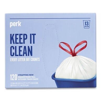 Drawstring Tall Kitchen Trash Bags, 13 gal, 0.9 mil, 28&quot; x 24&quot;, White, 120/Box