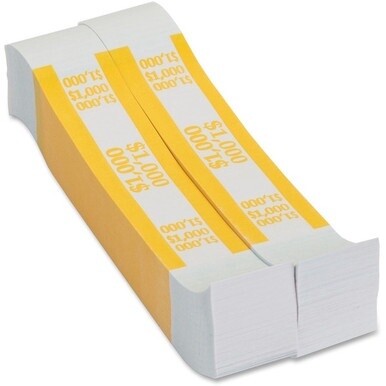 PAP-R Currency Straps - 1.25&quot; Width - Total $1,000 in $10 Denomination - Self-sealing, Self-adhesive, Durable - 20 lb Basis Weight - Kraft - White, Yellow - 1000 / Pack