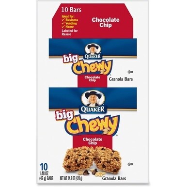 Quaker Oats Chocolate Chip Big Chewy Granola Bar - Individually Wrapped - Chocolate Chip - Box - 1.48 oz - 10 / Box