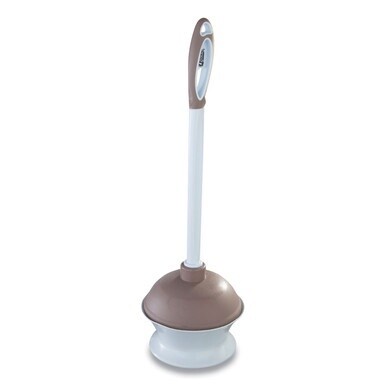 Plastic Toilet Plunger and Caddy with Microban, 16&quot; Plastic Handle, 6.5&quot; dia, White/Taupe