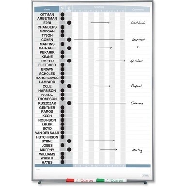 Quartet Matrix 36-employee In/Out Board - 34&quot; Height x 23&quot; Width - White Natural Cork Surface - Magnetic, Durable - Silver Frame - 1 Each