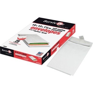 Survivor&amp;reg; 10 x 13 x 1-1/2 DuPont Tyvek Expansion Mailers with Self-Seal Closure - Expansion - 10&quot; Width x 13&quot; Length - 1 1/2&quot; Gusset - 14 lb - Self-sealing - Tyvek - 25 / Box - White