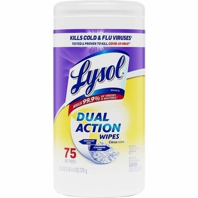 Lysol Dual Action Wipes - For Multipurpose - Citrus Scent - 7&quot; Length x 7.25&quot; Width - 75 / Canister - 1 Each - Pre-moistened, Anti-bacterial - White/Purple