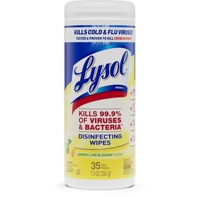 Lysol Lemon/Lime Disinfect Wipes - For Kitchen, Toilet, Sink, Tub, Floor, Cabinet, Stove Top, Wood - Lemon &amp; Lime Blossom Scent - 7&quot; Length x 7.25&quot; Width - 35 / Canister - 1 Each - Pre-moistened, Anti