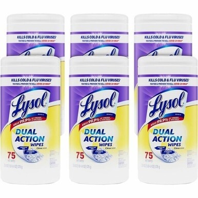 Lysol Dual Action Wipes - For Multipurpose - Citrus Scent - 7&quot; Length x 7.25&quot; Width - 75 / Canister - 6 / Carton - Pre-moistened, Anti-bacterial - White/Purple