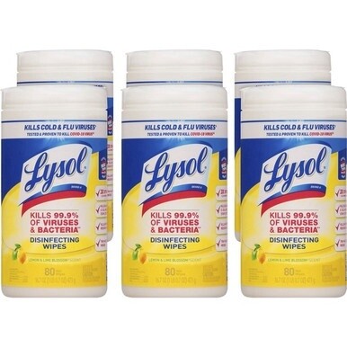Lysol Disinfecting Wipes - Ready-To-Use - Lemon, Lime Blossom Scent - 7&quot; Length x 7.25&quot; Width - 80 / Canister - 6 / Carton - White