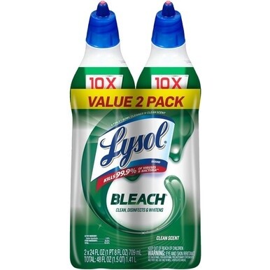 Lysol Bleach Toilet Bowl Cleaner - 24 fl oz (0.8 quart)Bottle - 2 / Pack - Blue