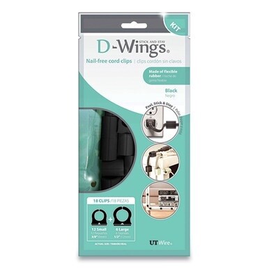 D-Wings Nail-Free Cord Clips, 12 Small 0.38&quot;, Six Large 0.5&quot;, Black, 18/Pack