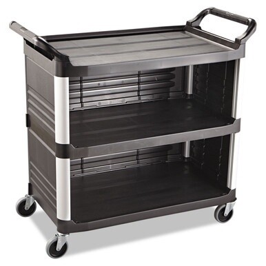 Xtra Utility Cart with Enclosed Sides and Back, Plastic, 3 Shelves, 300 lb Capacity, 20&quot; x 40.63&quot; x 37.8&quot;, Black