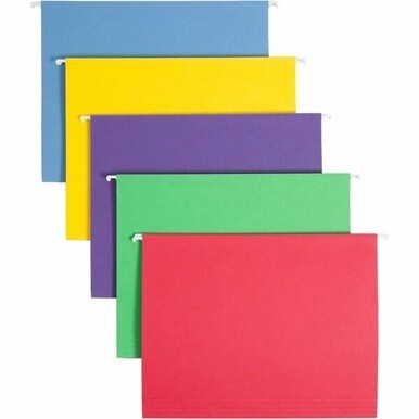 Smead 1/3 Tab Cut Letter Recycled Hanging Folder - 8 1/2&quot; x 11&quot; - Top Tab Location - Assorted Position Tab Position - Poly - Blue, Green, Purple, Red, Yellow - 10% Paper Recycled - 25 / Box