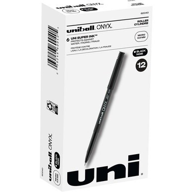 uniball&amp;trade; Onyx Rollerball Pens - Micro Pen Point - 0.5 mm Pen Point Size - Conical Pen Point Style - Black Dye-based Ink - Matte Black Barrel - Metal Tip - 1 Dozen