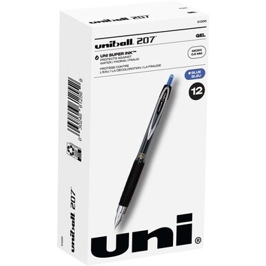 uniball&amp;trade; 207 Gel Pen - Micro Pen Point - 0.5 mm Pen Point Size - Refillable - Retractable - Blue Pigment-based Ink - 1 Dozen