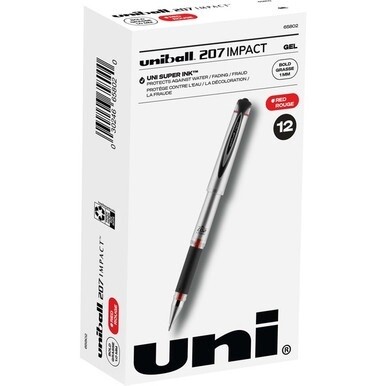uniball&amp;trade; 207 Impact Gel Pen - Bold Pen Point - 1 mm Pen Point Size - Refillable - Red Gel-based Ink - Silver Barrel - 1 Dozen