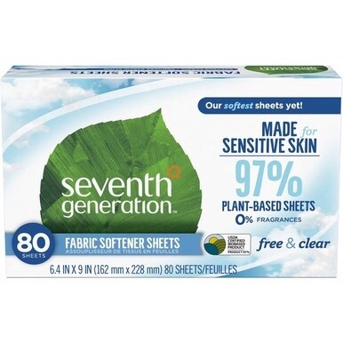 Seventh Generation Free &amp; Clear Fabric Softener Sheets - 9&quot; Length x 6.40&quot; Width - 80 / Box - White