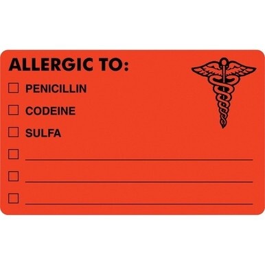 Tabbies ALLERGIC TO Medical Allergy Label - 4" Width x 2" Length - Permanent Adhesive - Rectangle - Fluorescent Red - 100 / Roll - 100 / Roll - Self-adhesive