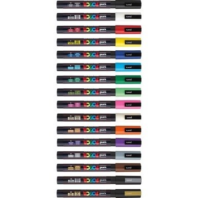 GSA MAS uni&amp;reg; Posca PC-3M Paint Markers - Fine Marker Point - Multicolor Water Based, Pigment-based Ink - 16 / Pack