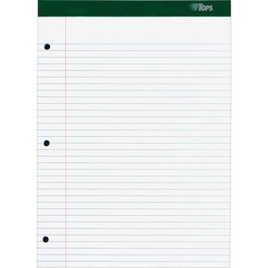TOPS Double Docket Rigid Back Legal Pads - 100 Sheets - Stapled/Glued - Ruled Margin - 16 lb Basis Weight - 8 1/2&quot; x 11 3/4&quot; - White Paper - Green Binding - Hard Cover, Perforated, Stiff-back, Back Bo