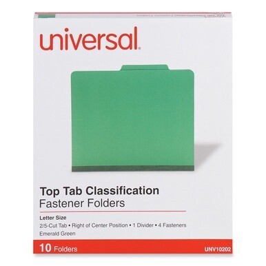Bright Colored Pressboard Classification Folders, 2" Expansion, 1 Divider, 4 Fasteners, Letter Size, Emerald Green, 10/Box