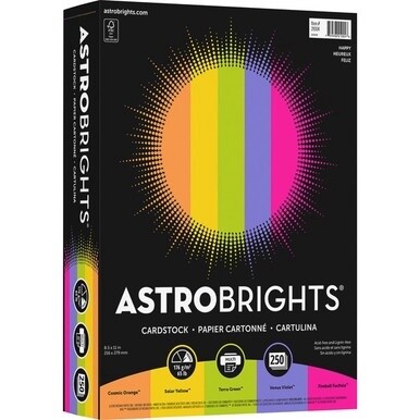 Astrobrights Color Card Stock &quot;Happy&quot; , 5 Assorted Colours - Letter - 8 1/2&quot; x 11&quot; - 65 lb Basis Weight - 250 / Pack - Acid-free, Lignin-free - Cosmic Orange, Solar Yellow, Terra Green, Venus Violet, 