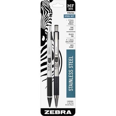 Zebra STEEL 3 Series M/F 301 Mechanical Pencil &amp; Ballpoint Pen Set - Fine Pen Point - 0.7 mm Pen Point Size - 0.5 mm Lead Size - Refillable - Black Ink - Stainless Steel Barrel - Retractable - Non-sli