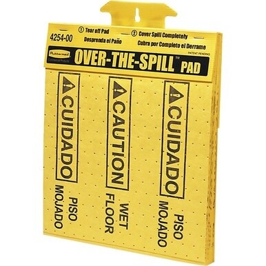 Rubbermaid Commercial Bilingual Over-The-Spill Pads - 22 / Pack - English, Spanish - Caution Wet Floor Print/Message - 14&quot; Width x 14&quot; Height - Wall Mountable - Strong, Absorbent, Portable - Indoor, O