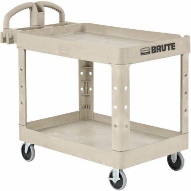 Rubbermaid Commercial Two Shelf Service Cart - 2 Shelf - 500 lb Capacity - 4 Casters - 5&quot; Caster Size - Plastic - 44&quot; Length x 25.3&quot; Width x 39&quot; Height - Beige - 1 Each