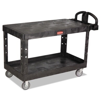 Heavy-Duty Utility Cart with Flat Shelves, Plastic, 2 Shelves, 500 lb Capacity, 25.25&quot; x 54&quot; x 36&quot;, Black