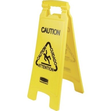Rubbermaid Commercial Multi-Lingual Caution Floor Sign - 1 Each - English, Spanish, French, German - CAUTION Print/Message - 11&quot; Width x 25&quot; Height x 26&quot; Depth - Rectangular Shape - Foldable, Lightwei