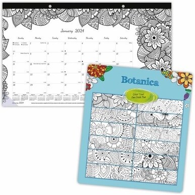 Blueline DoodlePlan Compact Desk Pad - Botanica - Monthly - January 2024 till December 2024 - 1Month Single Page Layout - Desk Pad - White - Chipboard - Tear-off, Notes Area, Eco-friendly, Eyelet - 17