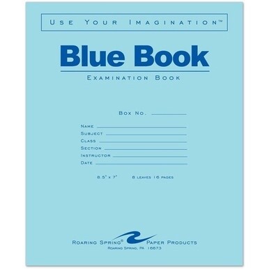 Roaring Spring Blue Book 8-sheet Exam Booklet - 8 Sheets - Stapled - Ruled Margin - 15 lb Basis Weight - 7&quot; x 8 1/2&quot; - White Paper - Blue Cover - Dual Sided - 1 Each