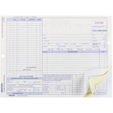 Rediform 3-part Auto Repair Order Forms - 3 PartCarbonless Copy - 11&quot; x 8.50&quot; Sheet Size - Assorted Sheet(s) - Blue Print Color - 50 / Pack