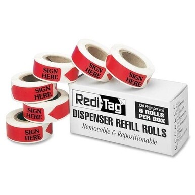 Redi-Tag Sign Here Arrow Flags Dispenser Refills - 720 x Red - 1.88" x 0.56" - Arrow - "SIGN HERE" - Red - Removable, Self-adhesive - 720 / Box