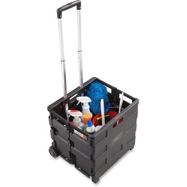 Safco Stow Away Folding Caddy - Telescopic Handle - 50 lb Capacity - 2 Casters - x 16.5&quot; Width x 14.5&quot; Depth x 39&quot; Height - Black, Silver - 1 Each