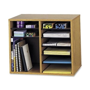 Safco Adjustable 12-Slot Wood Literature Organizer - 12 Compartment(s) - 16&quot; Height x 19.5&quot; Width x 12&quot; DepthDesktop - Adjustable - Medium Oak - Wood - 1 Each