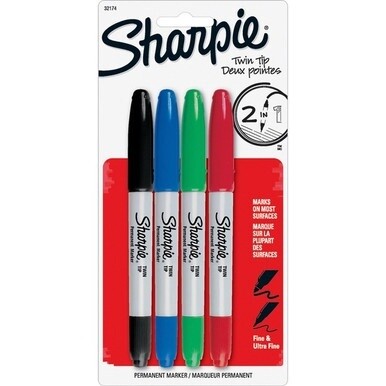 GSA MAS Sharpie Twin Tip Permant Maker - Ultra Fine, Fine Marker Point - 1 mm, 0.3 mm Marker Point Size - Black, Red, Blue, Green Alcohol Based Ink - 4 / Set