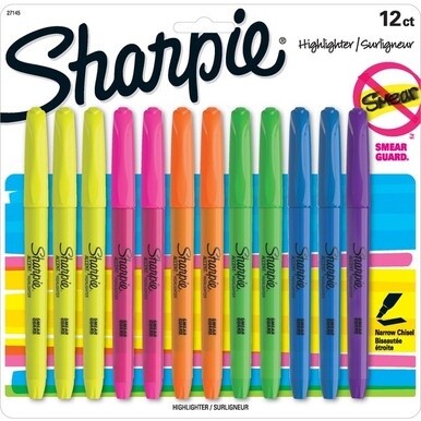 Sharpie Accent Highlighter - Pocket - Chisel Marker Point Style - Fluorescent Yellow, Fluorescent Green, Fluorescent Pink, Blue, Fluorescent Orange, Lavender - 12 / Set