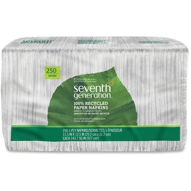 Seventh Generation 100% Recycled Paper Napkins - 1 Ply - 11.50" x 12.50" - White - Paper - Soft, Absorbent, Hypoallergenic, Non-chlorine Bleached, Fragrance-free, Dye-free, Durable - For Food Service,