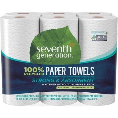Seventh Generation 100% Recycled Paper Towels - 2 Ply - 11&quot; x 5.40&quot; - 140 Sheets/Roll - White - Paper - Absorbent, Strong, Dye-free, Fragrance-free, Non-chlorine Bleached - For Home, School, Office - 
