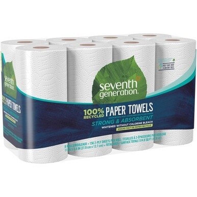 Seventh Generation 100% Recycled Paper Towels - 2 Ply - 156 Sheets/Roll - White - Paper - Absorbent, Chlorine-free, Chemical-free, Dye-free, Fragrance-free - 8 Per Pack - 4 / Carton