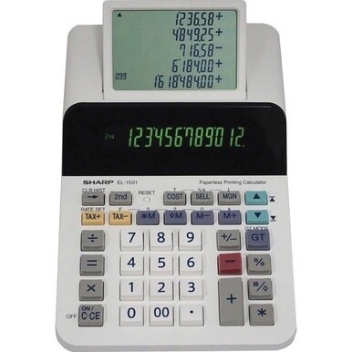 Sharp EL-1501 12-digit Printing Calculator - LCD Display, Compact, 4-Key Memory, Paperless Printing, Cordless - 12 Digits - LCD - Battery Powered - 4 - AA - 2&quot; x 5.8&quot; x 8.5&quot; - White - Desktop - 1 Each
