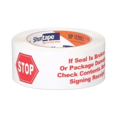HP 240 Packing Tape, 1.88&quot; x 109.36 yds, White with Red Print, 36/Carton