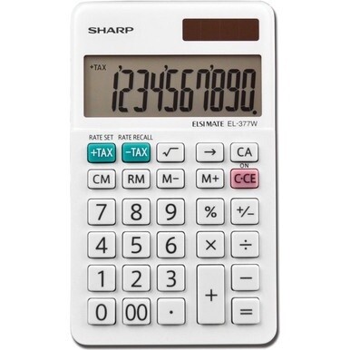 Sharp EL-377WB 10 Digit Professional Handheld Calculator - Extra Large Display, Durable, Plastic Key, Dual Power, 4-Key Memory, Angled Display, Sign Change, Independent Memory - 10 Digits - LCD - Whit