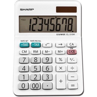 Sharp EL-310WB 8 Digit Professional Mini-Desktop Calculator - Extra Large Display, Durable, Plastic Key, Dual Power, 4-Key Memory, Angled Display - 8 Digits - LCD - White - Desktop - 1 Each